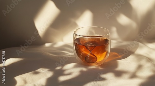 A clear glass cup of golden tea reflects sunlight on a soft tablecloth in a s...