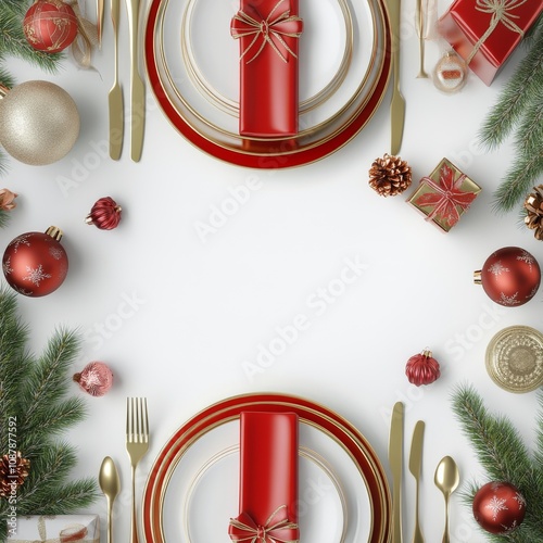 Elegant holiday table setting with red and gold decorations for a festive cel...