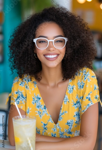 Cheerful young woman in floral dress enjoying a refreshing drink at a cafe du...