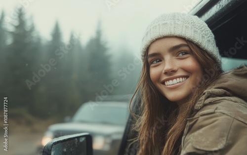 Young woman smiles happily while leaning out of a car in a forest during autumn