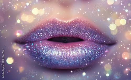 Close up of sparkling lips with shimmering glitter under colorful lights at a...