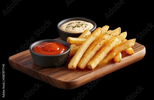 Crispy golden fries served with a small bowl of rich tomato ketchup on a wood...