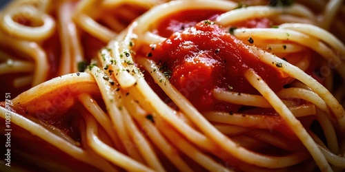 A close-up shot of a plate of cooked spaghetti smothered in tomato sauce photo