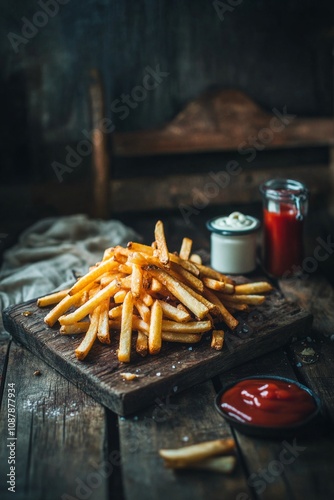Crispy golden French fries served on wooden board with ketchup and mayonnaise...