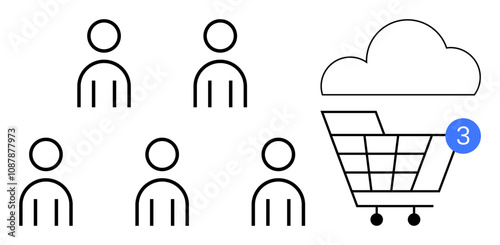 Five stick figure people arranged beside a shopping cart, cloud above, notification badge indicating three items. Ideal for e-commerce, customer management, shopping trends, online marketplace