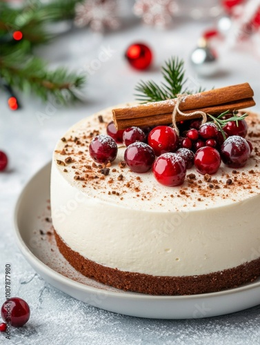 Delicious festive cheesecake topped with cranberries and cinnamon sticks duri...
