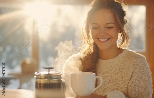 Relaxing morning routine of pouring coffee into a white mug at a cozy cafe