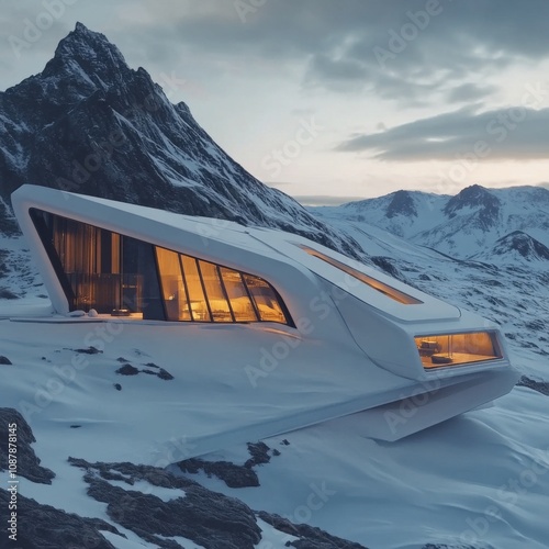 Modern architectural design of a sleek house in a snowy mountain landscape at...