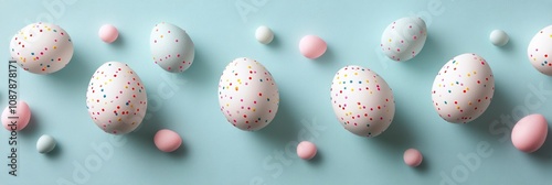 Colorful decorated eggs on a pastel blue background for spring celebration or...