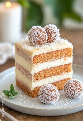 Delicious layered coconut cake served on a white plate with coconut balls in ...