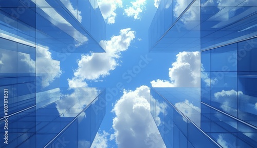 Reflective glass architecture reaching toward the blue sky with scattered clo...