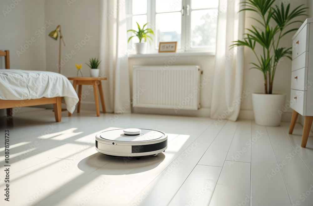 white robot vacuum cleaner is cleaning the apartment. A portable vacuum cleaner drives into the bed white robot vacuum cleaner is cleaning the apartment. A portable vacuum cleaner drives into the bed