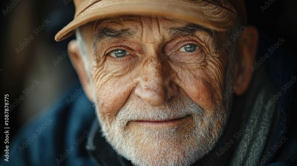 Elderly American man with a baseball cap and a warm expression. Elderly American man with a baseball cap and a warm expression.