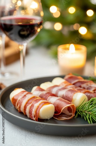 Delicious holiday appetizer with prosciutto, cheese, and festive decorations ...