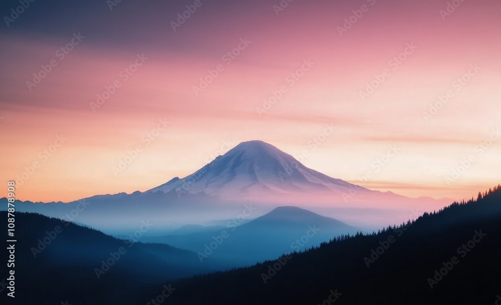 Misty mountain landscape at dawn with trees and soft pink sky in the morning light Misty mountain landscape at dawn with trees and soft pink sky in the morning light