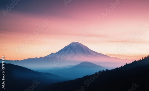 Misty mountain landscape at dawn with trees and soft pink sky in the morning ...