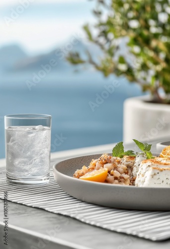 Fresh seaside lunch featuring vibrant salads and crisp water on a sunny coast...