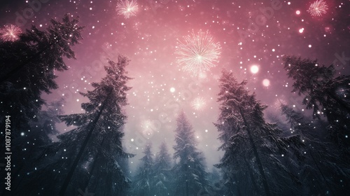 Snowy forest landscape with colorful fireworks during a winter celebration at...