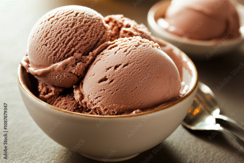A delicious serving of three scoops of chocolate ice cream in a bowl A delicious serving of three scoops of chocolate ice cream in a bowl