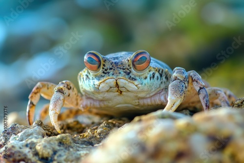 Close-up photo of a crab sitting on a rock, perfect for use in nature or wildlife articles photo