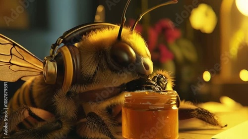 Cartoon bee in headphones eating honey from a jar