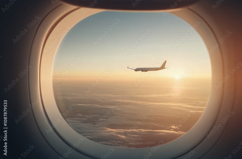 Airplane flying at sunset as seen through a window during a journey Airplane flying at sunset as seen through a window during a journey