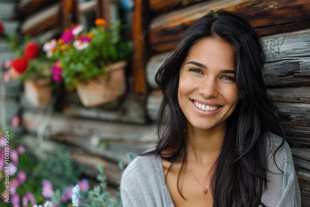 A smiling woman leans against a wooden wall in a casual pose A smiling woman leans against a wooden wall in a casual pose