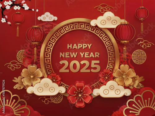 Red and gold new year greeting with 2025 in a circle..