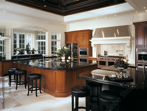 Gourmet kitchen with double islands and statement lighting photo