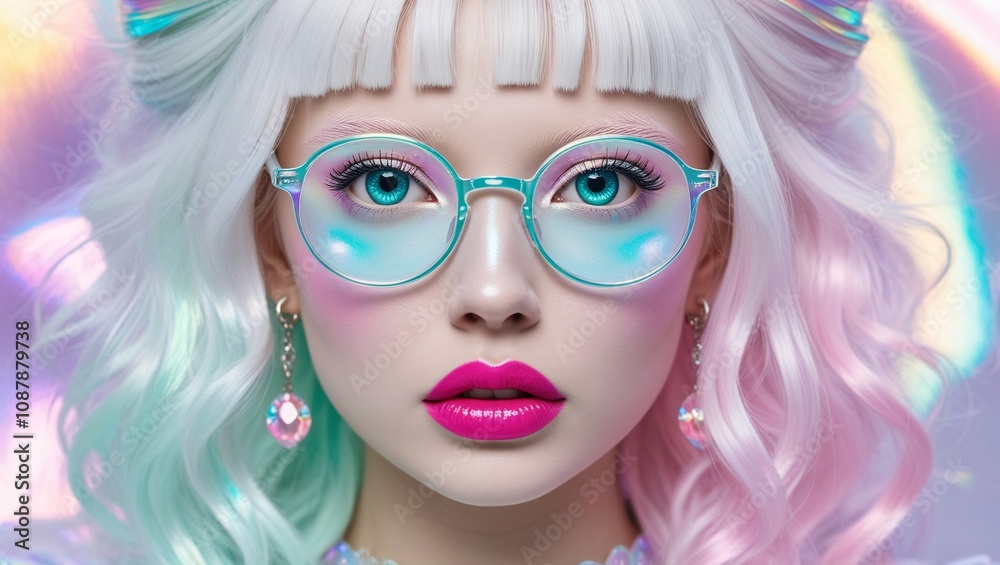 Digital art portrait of a beautiful young woman with split-dyed pink and mint hair wearing turquoise round glasses. Features striking blue eyes, hot pink lipstick, and porcelain skin Digital art portrait of a beautiful young woman with split-dyed pink and mint hair wearing turquoise round glasses. Features striking blue eyes, hot pink lipstick, and porcelain skin