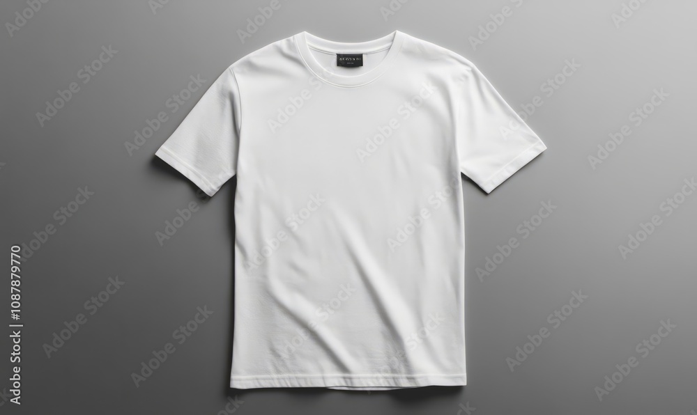 A plain white short-sleeve T-shirt laid flat on a gray surface, showcasing its front view A plain white short-sleeve T-shirt laid flat on a gray surface, showcasing its front view