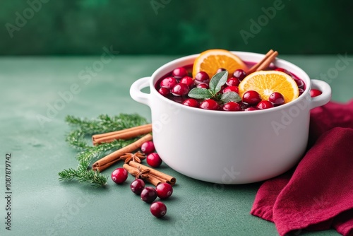 A cozy winter pot of spiced fruit with cranberries, oranges, and cinnamon sti...