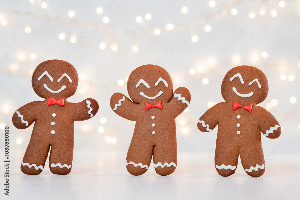 Three gingerbread men are smiling and wearing bow ties Three gingerbread men are smiling and wearing bow ties
