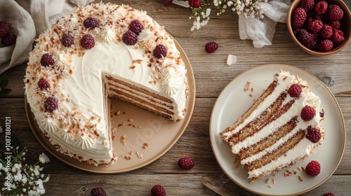 Delicious layered cake with cream and toppings surrounded by decorative eleme...