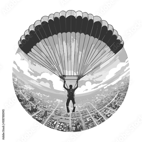 A skydiver is flying over the city. Black and white vector illustration EPS 10.