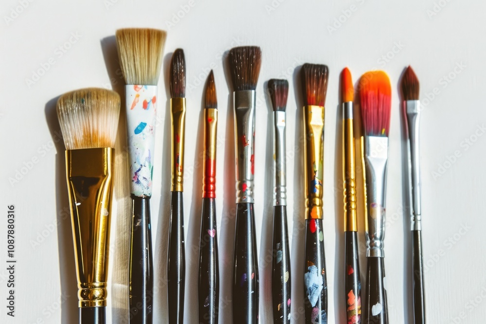 Fototapeta premium A row of brushes arranged neatly on a white surface, ideal for use in editorial or commercial contexts