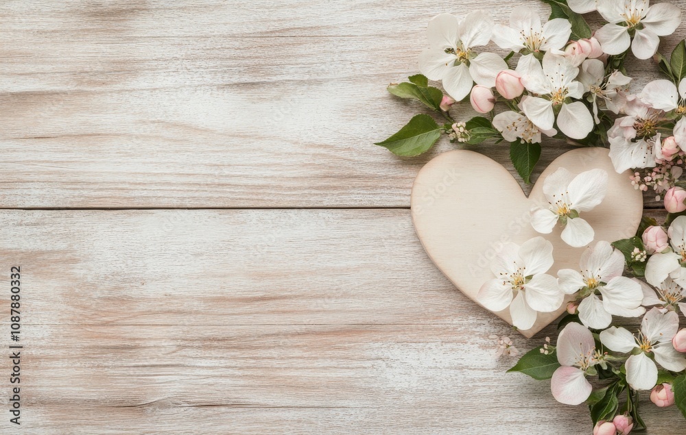 Heart shaped stone surrounded by delicate spring flowers on a wooden surface Heart shaped stone surrounded by delicate spring flowers on a wooden surface