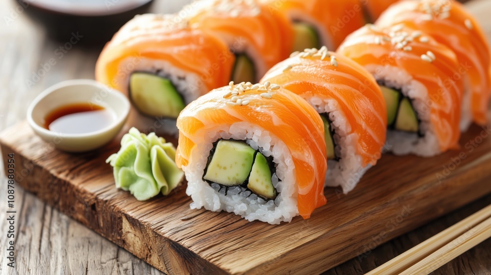 Classic Salmon Sushi Rolls on Wooden Platter Classic Salmon Sushi Rolls on Wooden Platter