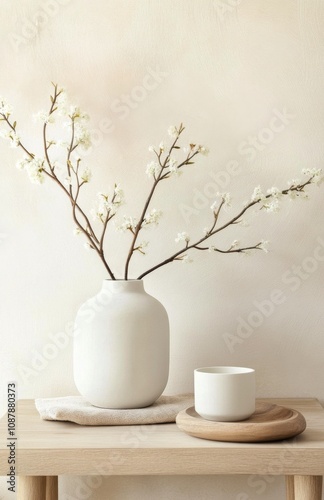 Minimalist vase with branches and a white cup on a wooden table in a serene s...