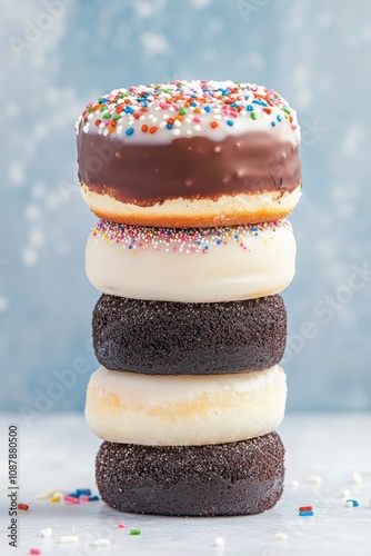 Delicious stacked donuts with chocolate and vanilla frosting on a wooden tabl...