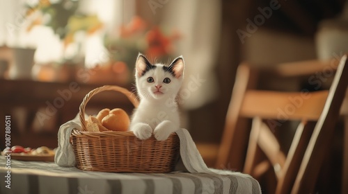 A playful kitten sits in a woven basket on a dining table amidst fresh fruit ...