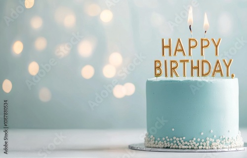 A beautiful blue birthday cake with candles and sparkling decorations for a j...