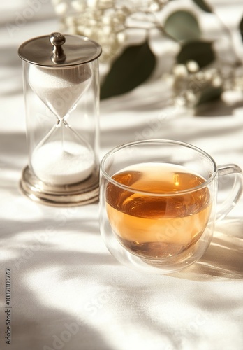 A warm cup of tea beside an hourglass on a soft fabric backdrop in natural light