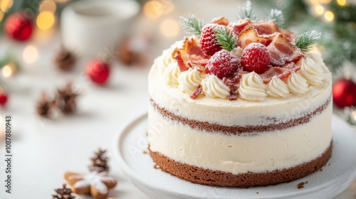 Delicious cake with bacon and strawberries displayed in a festive setting during winter holidays