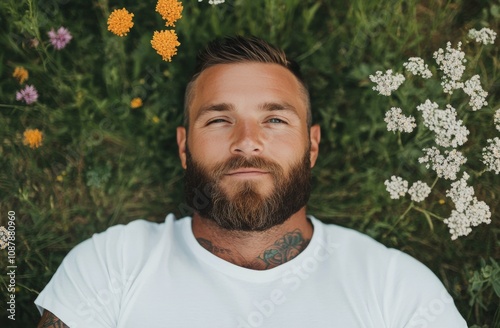 Man relaxing in flower field with a beard, tattoos, and a peaceful expression...