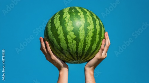 Person holding a large watermelon against a clear blue sky on a sunny day