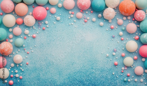Colorful pastel round candies scattered on a blue background creating a sweet...