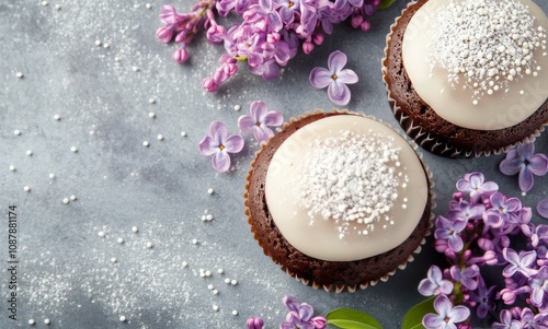 Chocolate cupcakes with lavender frosting and flowers on a gray background