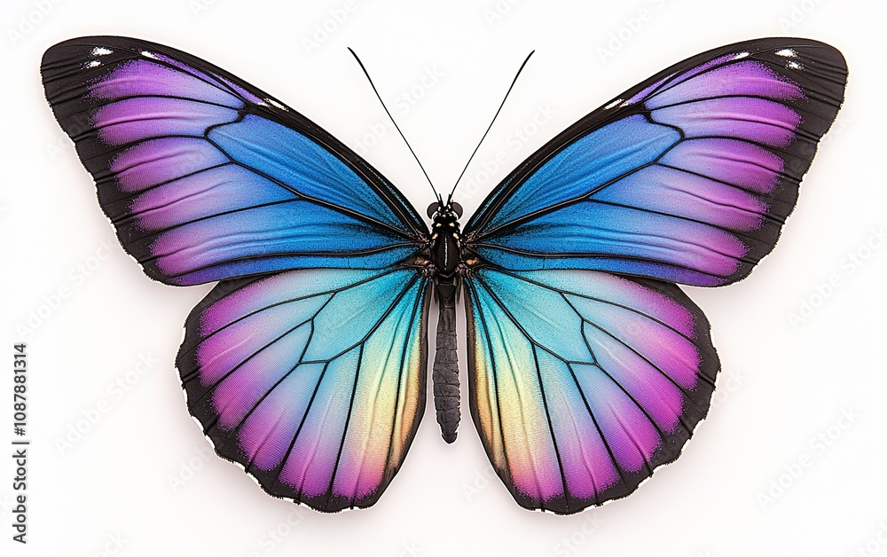 Obraz premium A vivid blue and purple butterfly displays its intricate wings against a light backdrop during a close-up study of its beauty