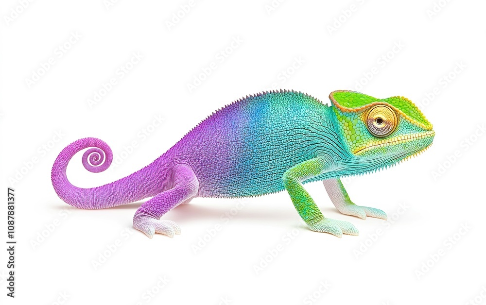 Obraz premium A vibrant chameleon showcasing its colorful skin patterns while perched on a branch in a lush green environment during daylight hours
